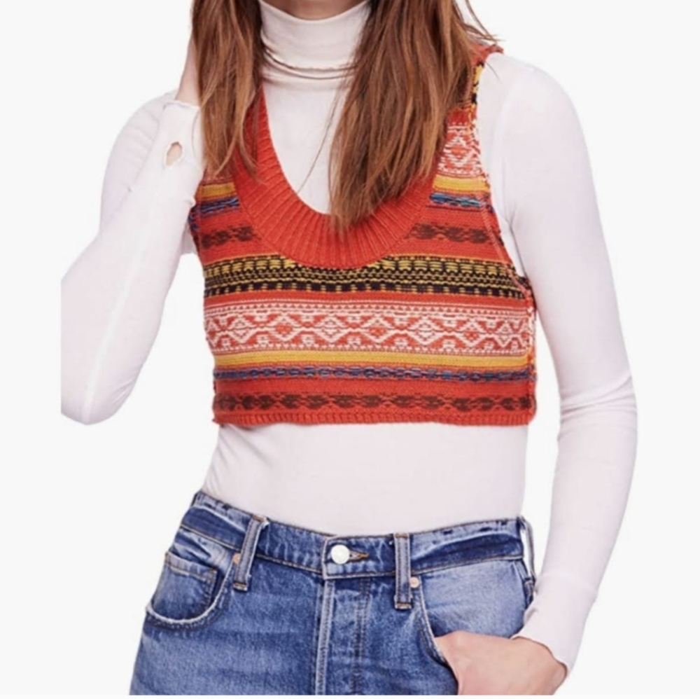 Free People Fields of Fair Isle Cropped Sweater Vest 🧡💚💙 NWOT M